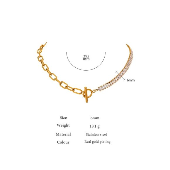 New 18K Gold Plated Baguette Diamond Link Chain Circle Bar Toggle Necklace - Picture 3 of 8